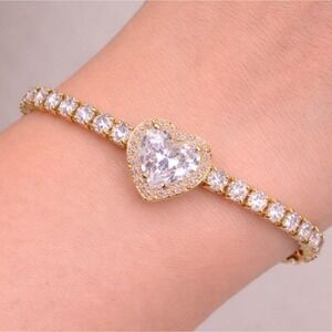 Vtg Slider Tennis Bracelet Gold Overlay HEART Halo Made with Swarovski Crystals